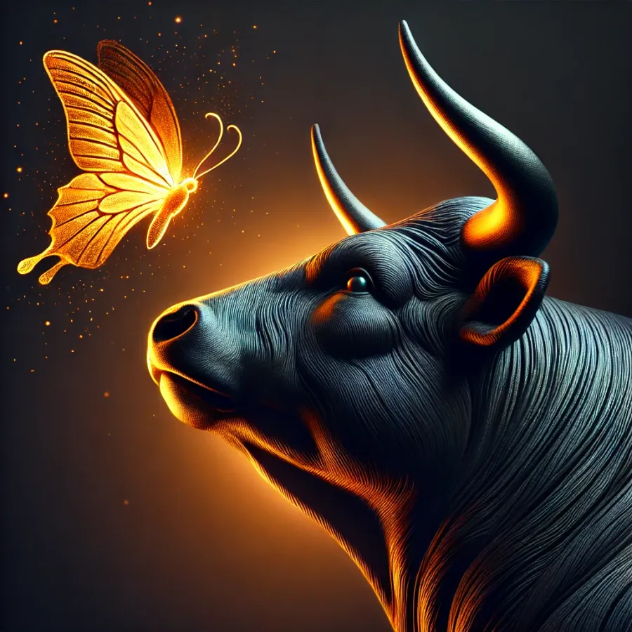 DALL-E 2: A side profile of a black bull's head with an orange light shining on it from behind. The bull is looking up at a detailed luminous orange butterfly. The background is deep black. DALL-E 2: A side profile of a black bull's head with an orange light shining on it from behind. The bull is looking up at a detailed luminous orange butterfly. The background is deep black.