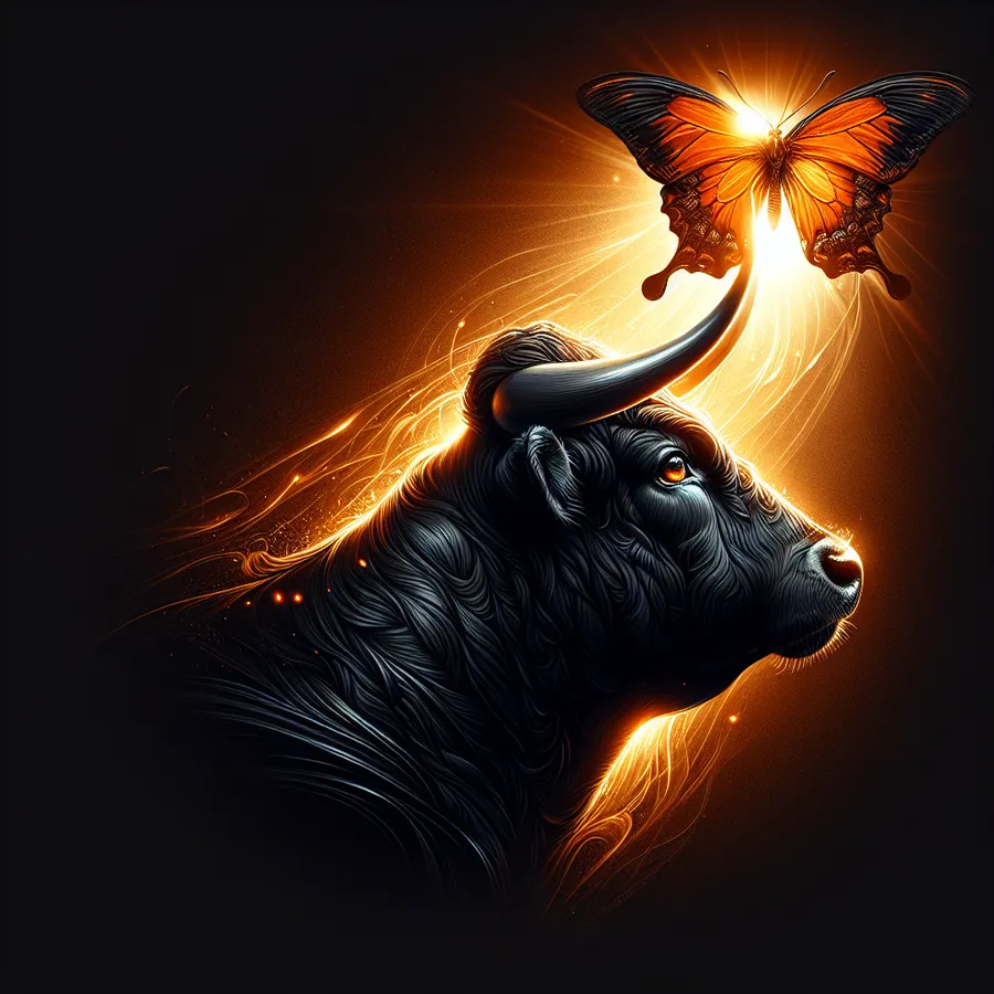 DALL-E 3: A side profile of a black bull's head with an orange light shining on it from behind. The bull is looking up at a detailed luminous orange butterfly. The background is deep black. DALL-E 3: A side profile of a black bull's head with an orange light shining on it from behind. The bull is looking up at a detailed luminous orange butterfly. The background is deep black.