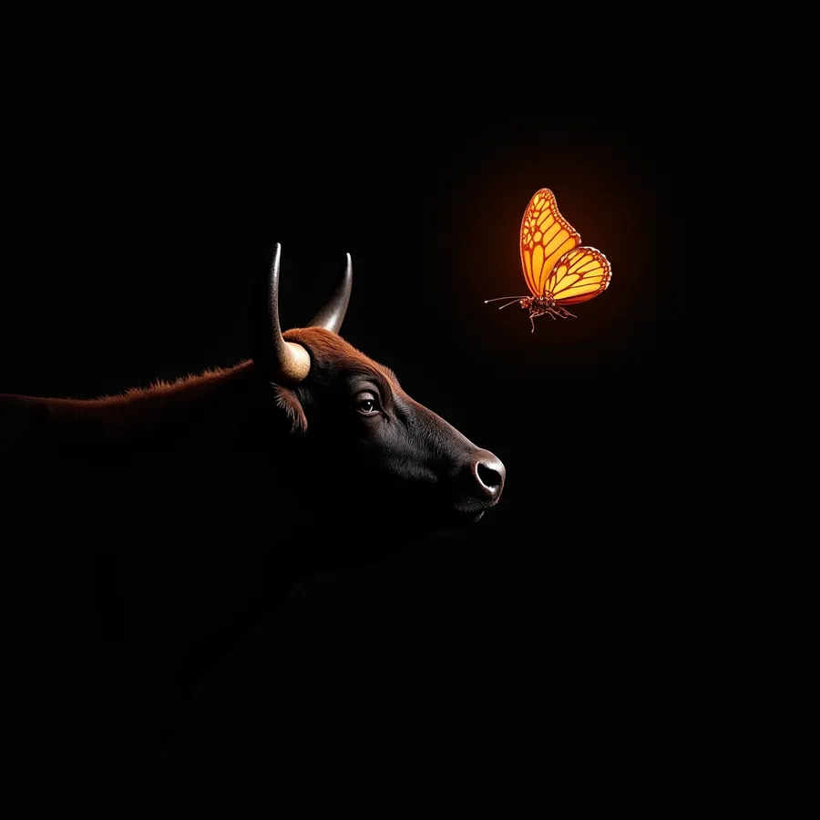flux.1-dev: A side profile of a black bull's head with an orange light shining on it from behind. The bull is looking up at a detailed luminous orange butterfly. The background is deep black. flux.1-dev: A side profile of a black bull's head with an orange light shining on it from behind. The bull is looking up at a detailed luminous orange butterfly. The background is deep black.