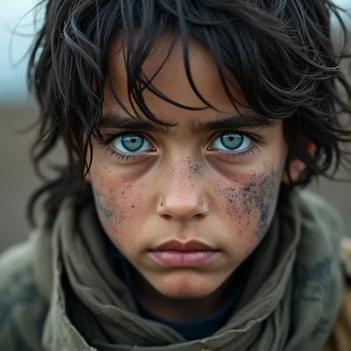 flux.1-dev: A hyperrealistic portrait of a nuclear blast survivor, styled similarly to the iconic National Geographic Afghan Girl. The survivor is disheveled, with unkempt hair and tattered clothing, reflecting the devastation endured. His piercing blue eyes are intense and soulful, staring directly into the viewer's soul, conveying a profound mix of trauma and resilience. His face is marked with ash and dirt, adding to the raw, gritty realism of the image. The background is softly blurred, focusing attention on the survivor's striking features, much like the Afghan Girl portrait. Subtle, natural lighting enhances the vividness of his eyes and the textures of his skin, creating a powerful and evocative image. flux.1-dev: A hyperrealistic portrait of a nuclear blast survivor, styled similarly to the iconic National Geographic Afghan Girl. The survivor is disheveled, with unkempt hair and tattered clothing, reflecting the devastation endured. His piercing blue eyes are intense and soulful, staring directly into the viewer's soul, conveying a profound mix of trauma and resilience. His face is marked with ash and dirt, adding to the raw, gritty realism of the image. The background is softly blurred, focusing attention on the survivor's striking features, much like the Afghan Girl portrait. Subtle, natural lighting enhances the vividness of his eyes and the textures of his skin, creating a powerful and evocative image.