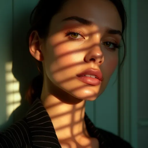 flux.1-dev: Close-up portrait of a woman illuminated by soft, warm afternoon light streaming through window blinds, creating striking shadow patterns across her face. She has a natural, glowing complexion with dewy skin and subtly highlighted cheekbones. Her expressive eyes are accented with long lashes and a hint of soft eyeshadow, while her full lips are painted in a soft peach shade. The background features muted teal walls that enhance the warmth of the scene. She wears a dark, pinstriped blazer, adding a touch of elegance. The overall aesthetic is hyperrealistic, capturing intricate details like the texture of her skin and the delicate play of light and shadow, with a color palette of warm neutrals and soft pastels. flux.1-dev: Close-up portrait of a woman illuminated by soft, warm afternoon light streaming through window blinds, creating striking shadow patterns across her face. She has a natural, glowing complexion with dewy skin and subtly highlighted cheekbones. Her expressive eyes are accented with long lashes and a hint of soft eyeshadow, while her full lips are painted in a soft peach shade. The background features muted teal walls that enhance the warmth of the scene. She wears a dark, pinstriped blazer, adding a touch of elegance. The overall aesthetic is hyperrealistic, capturing intricate details like the texture of her skin and the delicate play of light and shadow, with a color palette of warm neutrals and soft pastels.
