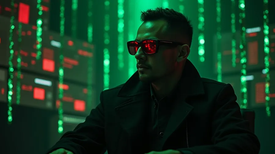 flux.1-dev: A cyberpunk prompt engineer wearing a black Matrix-style trench coat and mirror shades, sitting in a dark tech workspace, green digital rain falling in the background, red Terminator HUD elements floating in air, multiple holographic screens showing ComfyUI interfaces, one eye subtly glowing red through glasses, dramatic cinematic lighting, volumetric fog, highly detailed, 8k, professional photography --ar 16:9 flux.1-dev: A cyberpunk prompt engineer wearing a black Matrix-style trench coat and mirror shades, sitting in a dark tech workspace, green digital rain falling in the background, red Terminator HUD elements floating in air, multiple holographic screens showing ComfyUI interfaces, one eye subtly glowing red through glasses, dramatic cinematic lighting, volumetric fog, highly detailed, 8k, professional photography --ar 16:9