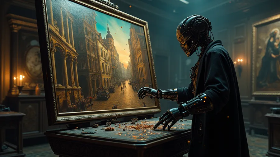 flux.1-dev: Cyberpunk prompt engineer with neural headset and flowing dark coat on elevated platform, controlling T-800 through glowing puppet strings and command lines, robot precisely working on large oil painting showing renaissance-style scene, professional easel setup with palette and brush collection, holographic UI elements surrounding puppeteer's workspace, streaming code transforming into artistic brushstrokes, modern art studio with classical elements, cinematic lighting, ultra detailed --ar 16:9 flux.1-dev: Cyberpunk prompt engineer with neural headset and flowing dark coat on elevated platform, controlling T-800 through glowing puppet strings and command lines, robot precisely working on large oil painting showing renaissance-style scene, professional easel setup with palette and brush collection, holographic UI elements surrounding puppeteer's workspace, streaming code transforming into artistic brushstrokes, modern art studio with classical elements, cinematic lighting, ultra detailed --ar 16:9