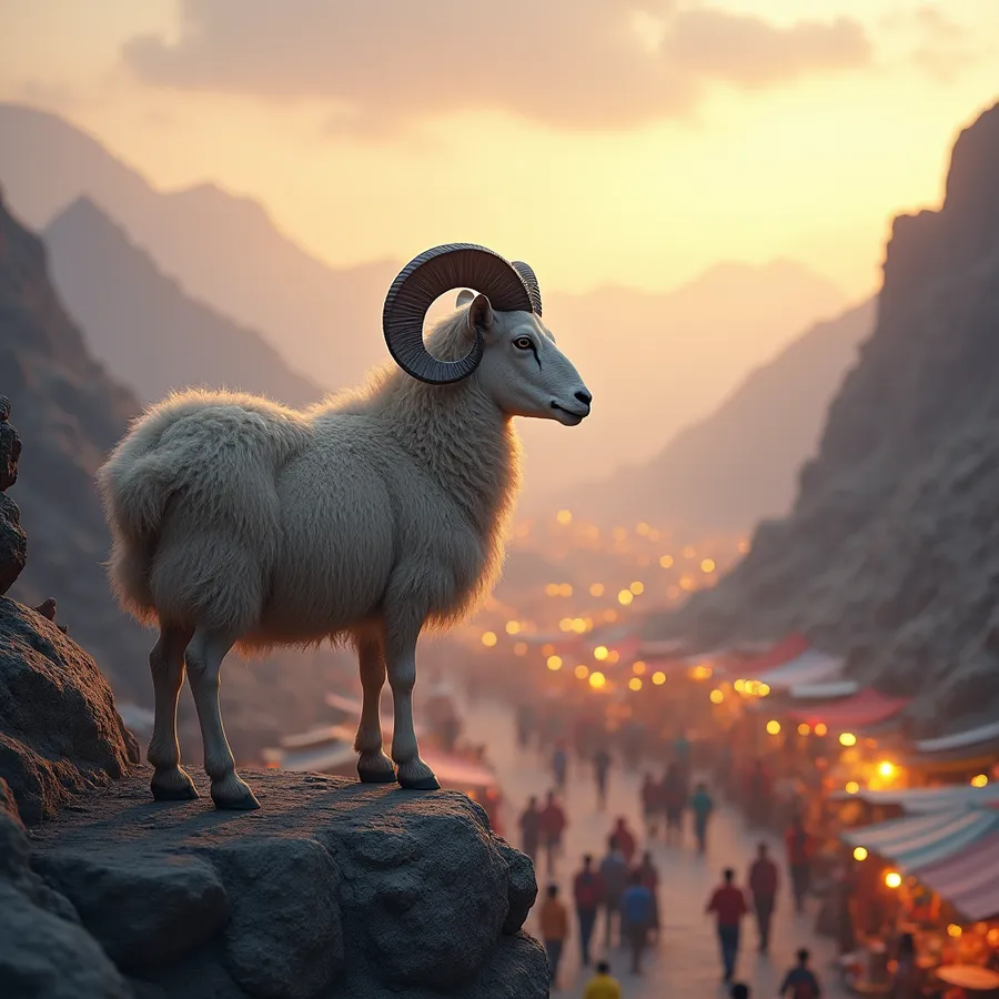 flux.1-dev: ram standing on a rocky hillside, overlooking a bustling valley below. The ram has a thick, curly coat and impressive curved horns. In the valley, a lively market scene unfolds, with colorful stalls and people moving about energetically. The ram stands calmly, embodying wisdom and discernment, as it gazes at the scene below. The sky above is a soft gradient of oranges and purples, suggesting the onset of evening. The image should convey a sense of calm observation amidst excitement and activity. flux.1-dev: ram standing on a rocky hillside, overlooking a bustling valley below. The ram has a thick, curly coat and impressive curved horns. In the valley, a lively market scene unfolds, with colorful stalls and people moving about energetically. The ram stands calmly, embodying wisdom and discernment, as it gazes at the scene below. The sky above is a soft gradient of oranges and purples, suggesting the onset of evening. The image should convey a sense of calm observation amidst excitement and activity.