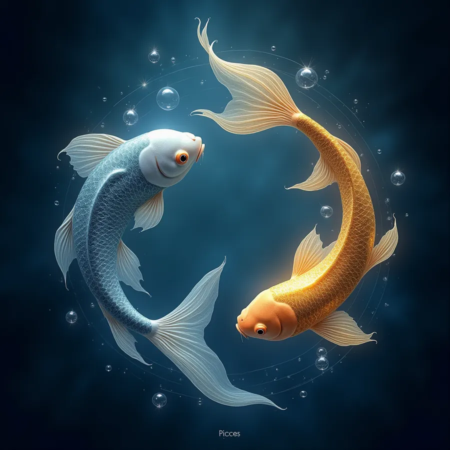 flux.1-dev: Two ethereal fish circle each other in an endless dance, one silver and one gold, forming a graceful yin-yang pattern against a deep azure background. Their scales shimmer with opalescent light, and flowing ribbons of water connect them like cosmic threads. Delicate bubbles float around them, each containing tiny reflections of stars. The Pisces constellation glows softly behind them, while gentle waves of light create the impression of being underwater and in space simultaneously. The fish appear both solid and translucent, their fins trailing wisps of luminescent water as they move in their eternal circular dance. flux.1-dev: Two ethereal fish circle each other in an endless dance, one silver and one gold, forming a graceful yin-yang pattern against a deep azure background. Their scales shimmer with opalescent light, and flowing ribbons of water connect them like cosmic threads. Delicate bubbles float around them, each containing tiny reflections of stars. The Pisces constellation glows softly behind them, while gentle waves of light create the impression of being underwater and in space simultaneously. The fish appear both solid and translucent, their fins trailing wisps of luminescent water as they move in their eternal circular dance.